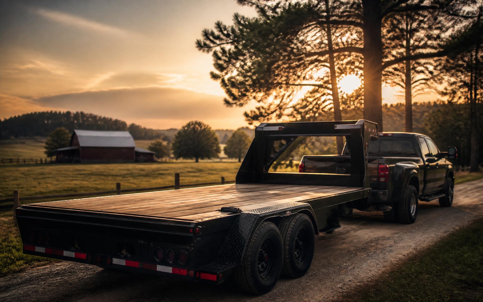 Heavy-duty gooseneck trailer at sunset on an Alabama dirt road